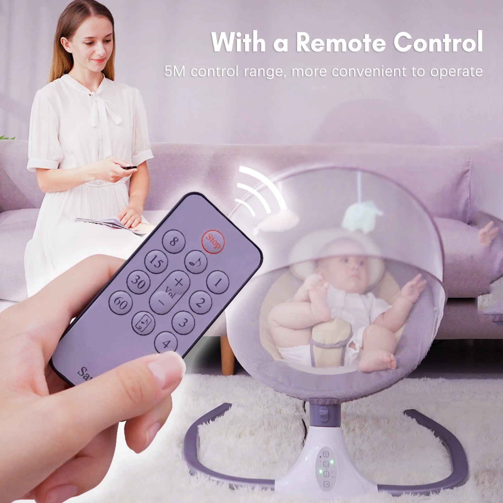 Baby Swing Motorized for Infants Baby Rocker 4 Speeds & 4 Timer Supports BT Connection USB Flash Drive Washable with Hanging Toy