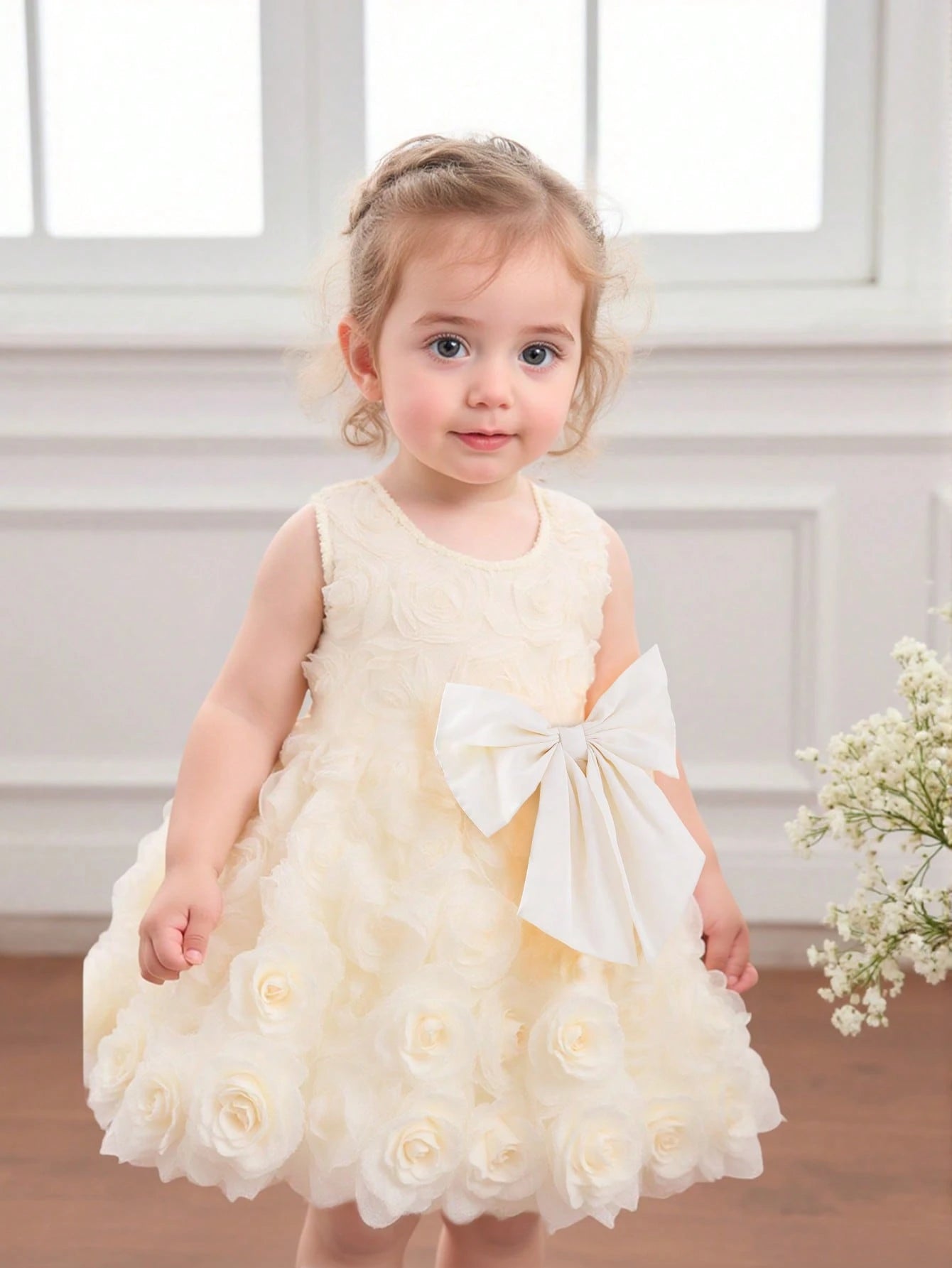 Baby Girls' Sleeveless Floral 3D Bow A-Line Dress. Exquisite Floral Pattern Adds A Touch Of Vigor And Vitality. A-Line Dress Design, Elegant And Generous, Showcasing The Sweet Elegant Of Little Girls.