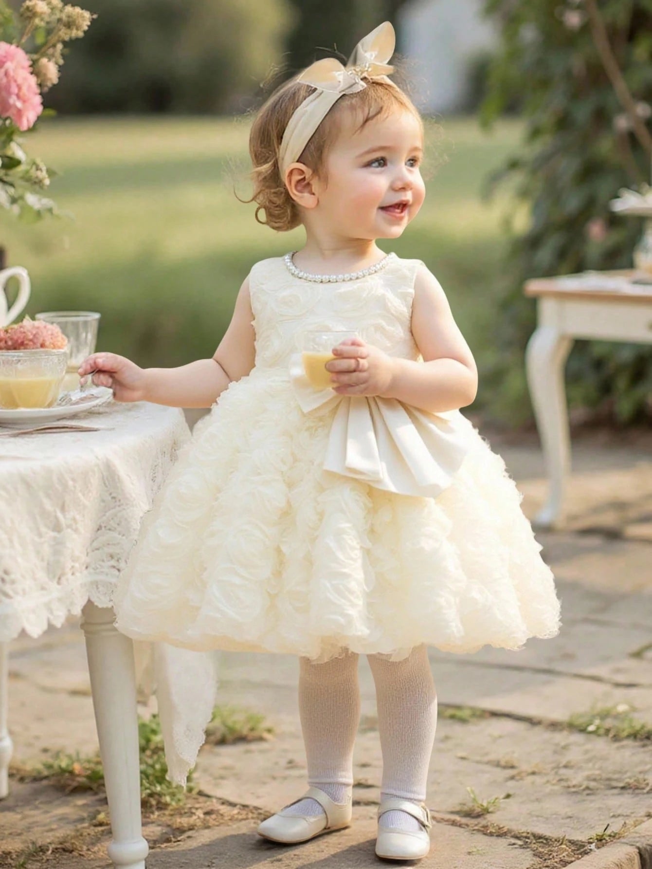 Baby Girls' Sleeveless Floral 3D Bow A-Line Dress. Exquisite Floral Pattern Adds A Touch Of Vigor And Vitality. A-Line Dress Design, Elegant And Generous, Showcasing The Sweet Elegant Of Little Girls.