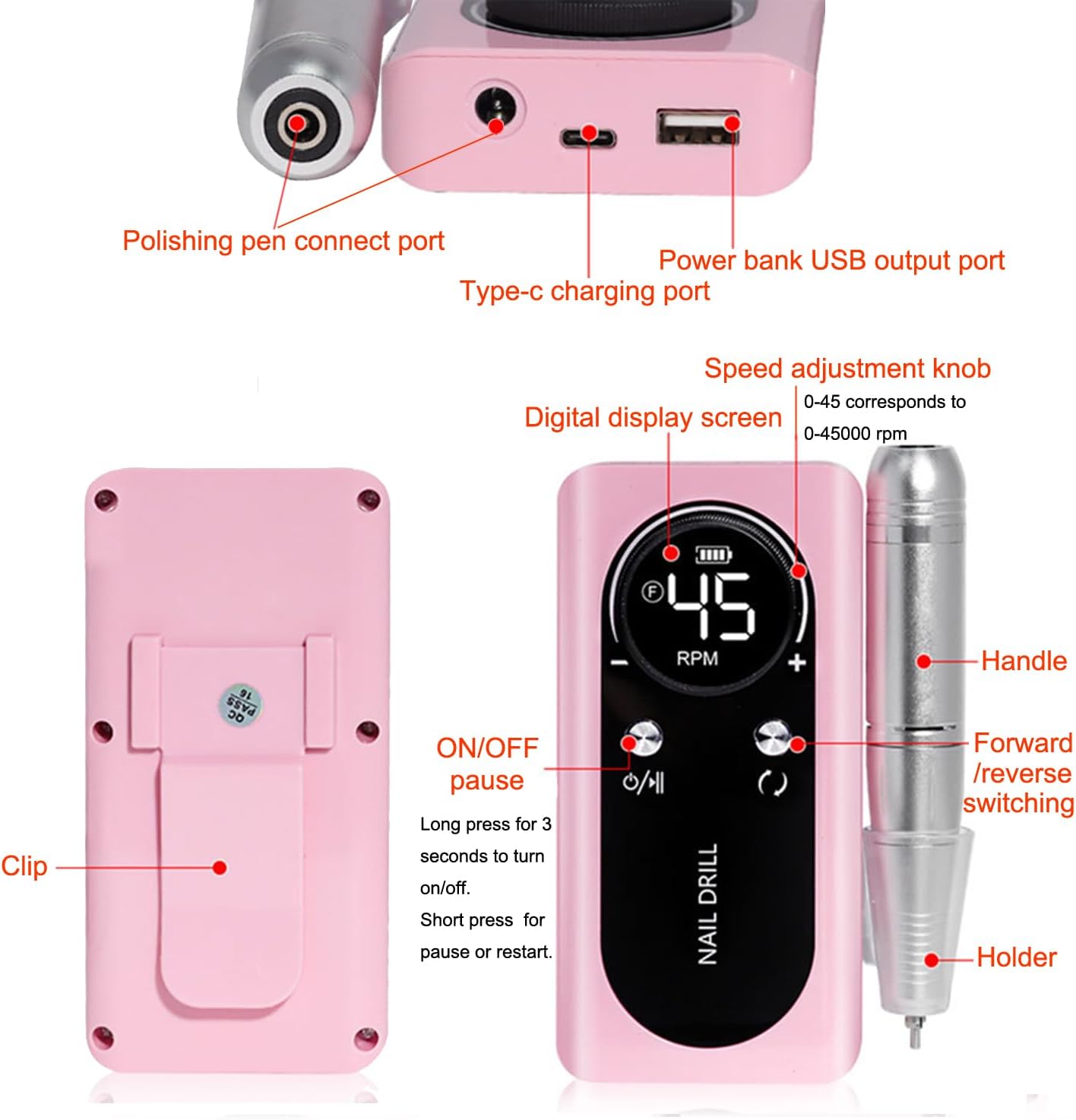 Electric 45000RPM Nail Drill Machine Rechargeable Portable Nail File Electric DIY Nail Drill Kit with Smart LCD Screen for Gel Nail Manicure and Pedicure Reflective Body Etc(Pink)