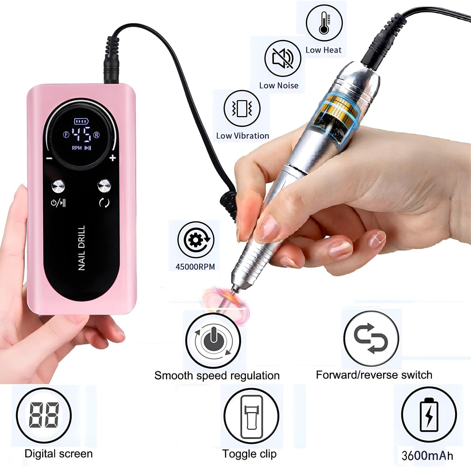 Electric 45000RPM Nail Drill Machine Rechargeable Portable Nail File Electric DIY Nail Drill Kit with Smart LCD Screen for Gel Nail Manicure and Pedicure Reflective Body Etc(Pink)