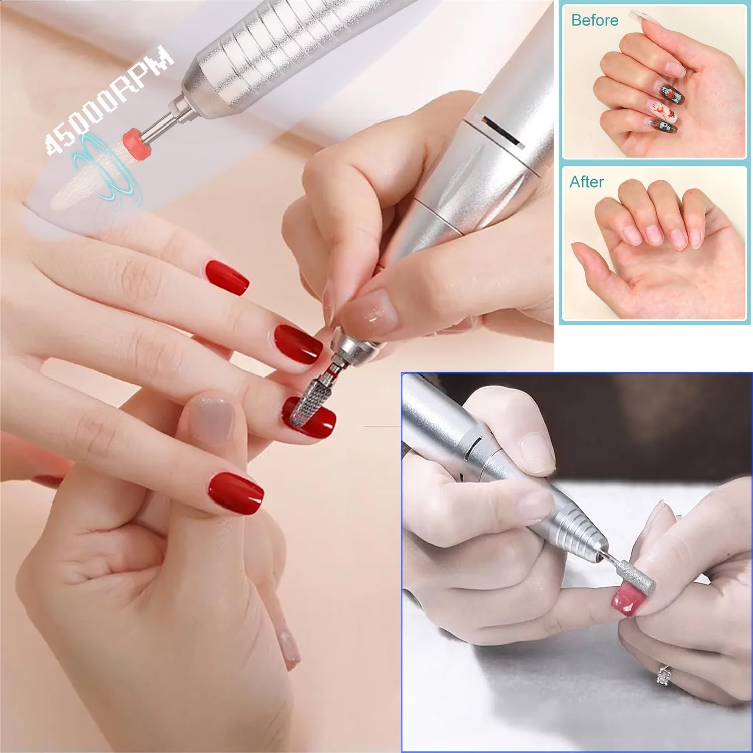 Electric 45000RPM Nail Drill Machine Rechargeable Portable Nail File Electric DIY Nail Drill Kit with Smart LCD Screen for Gel Nail Manicure and Pedicure Reflective Body Etc(Pink)