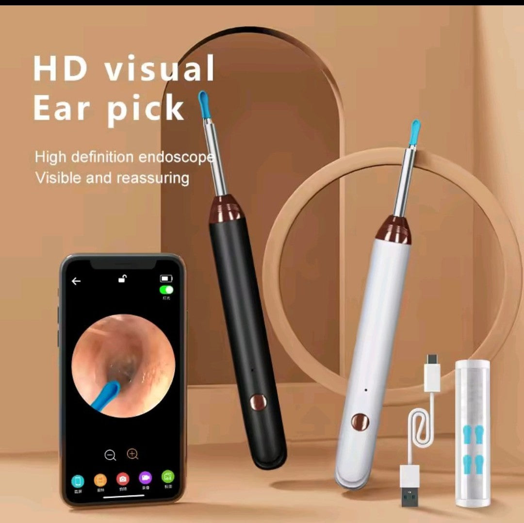 Smart Visual Ear Cleaner - Rechargeable Ear Wax Removal with Camera Ear Sticks USB C Charging WIFI Connection 6 LED Lights Earpick Daily White Black Nine Piece Set