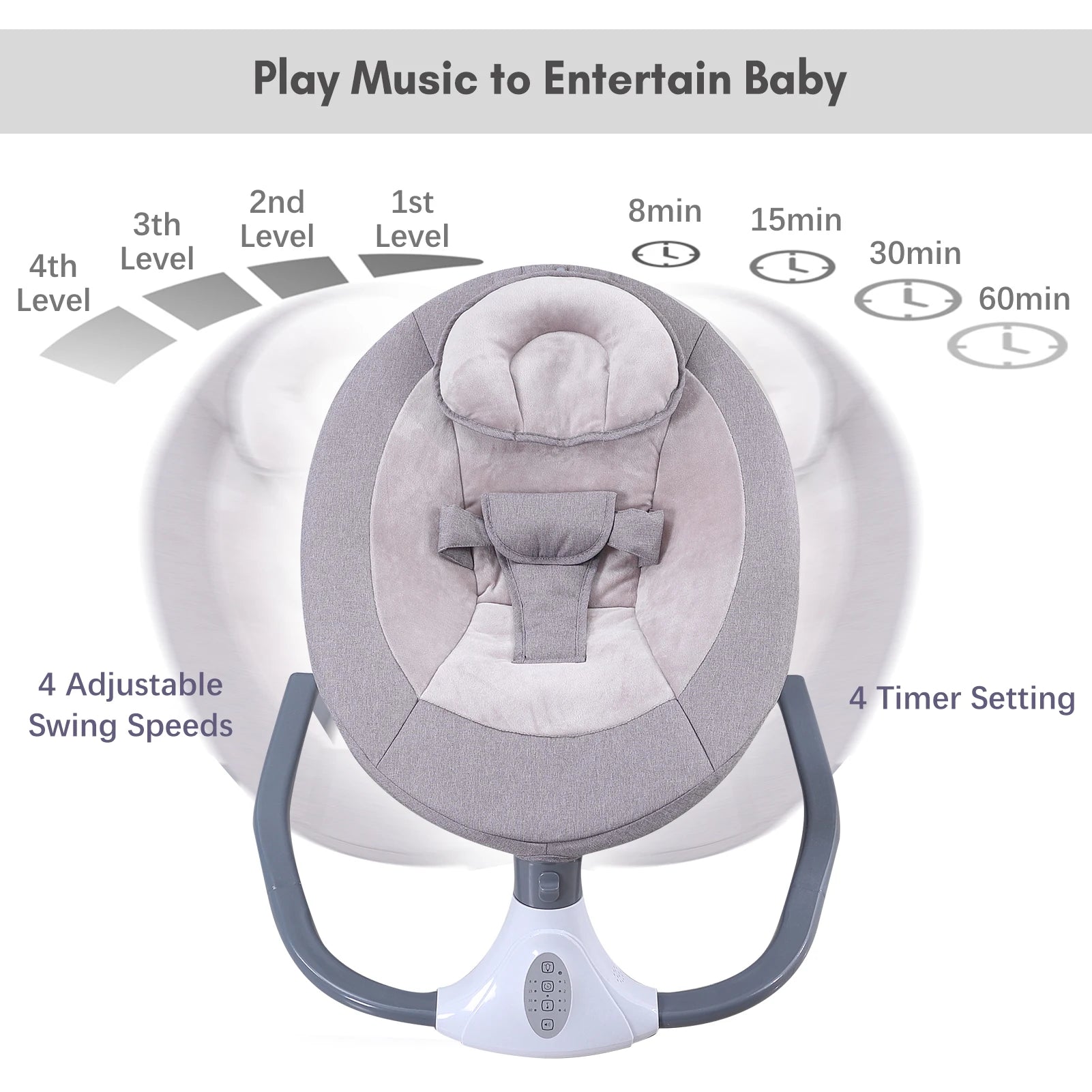 Baby Swing Motorized for Infants Baby Rocker 4 Speeds & 4 Timer Supports BT Connection USB Flash Drive Washable with Hanging Toy