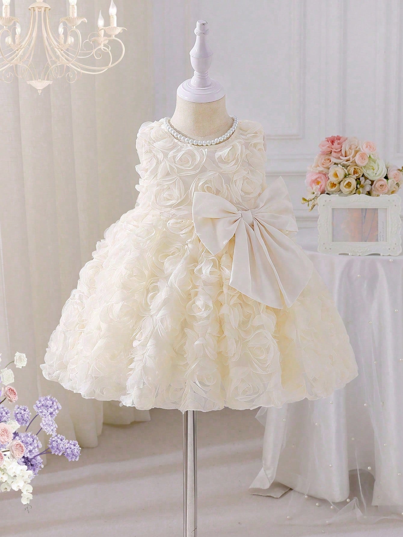 Baby Girls' Sleeveless Floral 3D Bow A-Line Dress. Exquisite Floral Pattern Adds A Touch Of Vigor And Vitality. A-Line Dress Design, Elegant And Generous, Showcasing The Sweet Elegant Of Little Girls. 