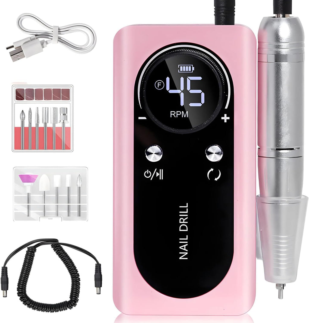 Electric 45000RPM Nail Drill Machine Rechargeable Portable Nail File Electric DIY Nail Drill Kit with Smart LCD Screen for Gel Nail Manicure and Pedicure Reflective Body Etc(Pink)