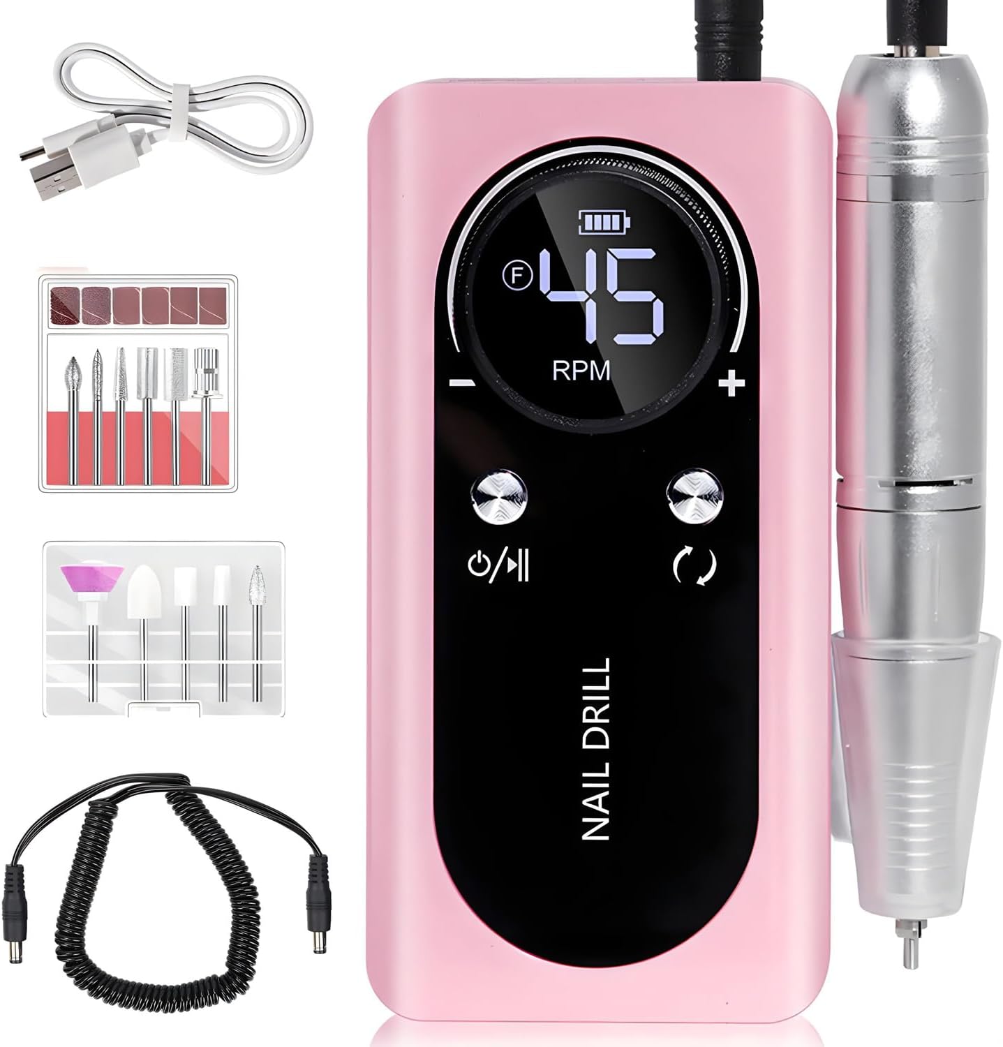 Electric 45000RPM Nail Drill Machine Rechargeable Portable Nail File Electric DIY Nail Drill Kit with Smart LCD Screen for Gel Nail Manicure and Pedicure Reflective Body Etc(Pink)