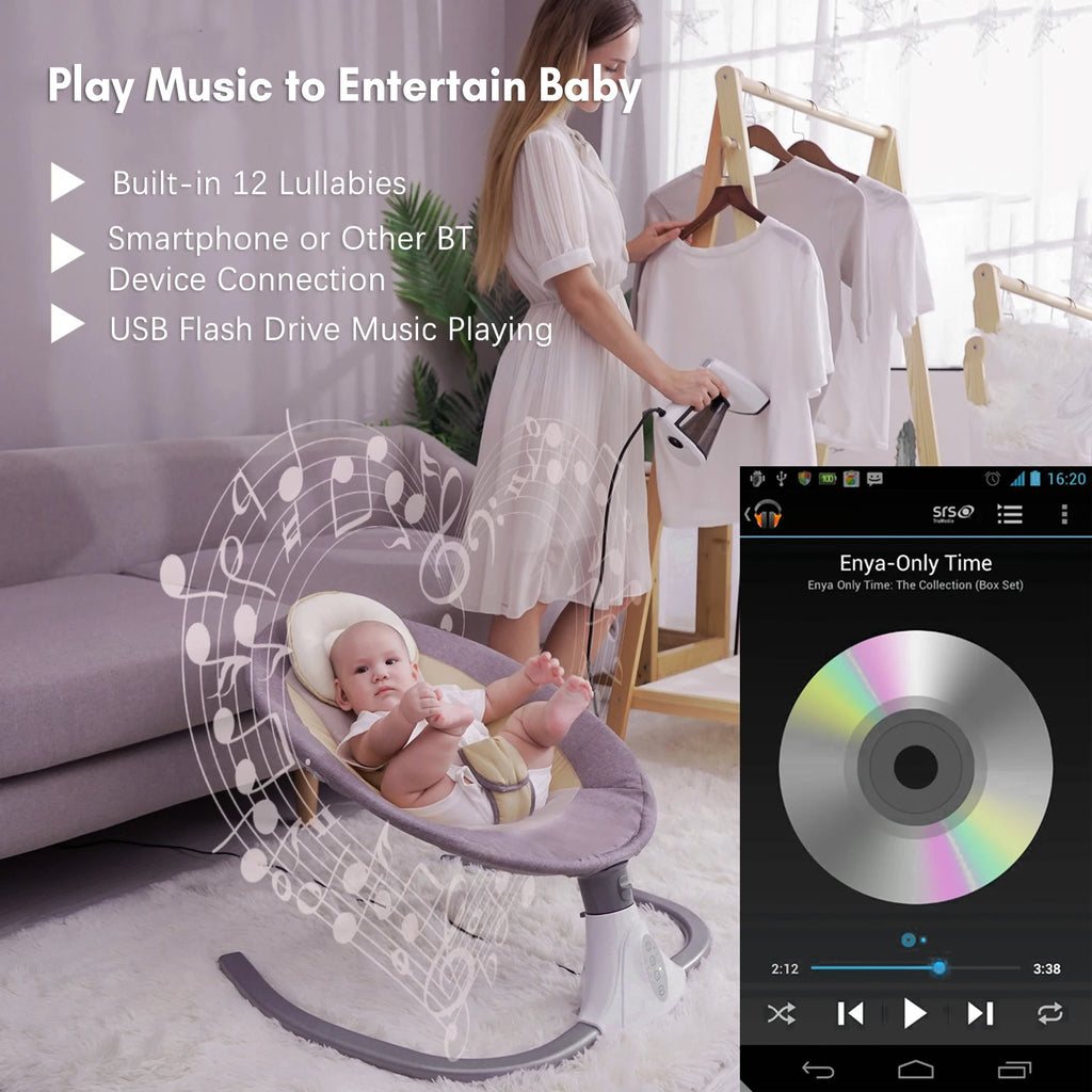 Baby Swing Motorized for Infants Baby Rocker 4 Speeds & 4 Timer Supports BT Connection USB Flash Drive Washable with Hanging Toy
